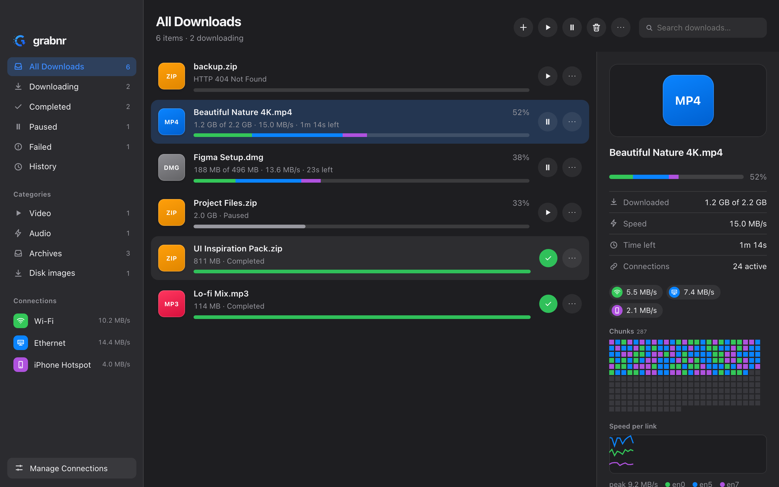 The grabnr app in dark mode